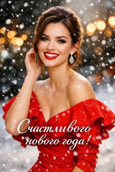 Новогодняя радость в красном: зимнее настроение и сияющая улыбка. Картинка из нейросети Sora Ai Images
