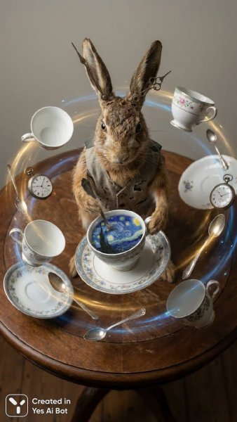 Безумный чайный переполох: сюрреалистичная фотокомпозиция с кроликом и звездным небом. Картинка из нейронной сети Nano Banana