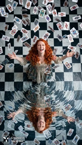 Карты-конфетти: сюрреалистичный портрет королевы в вихре огня и воды. Нейросеть Nano-Banana