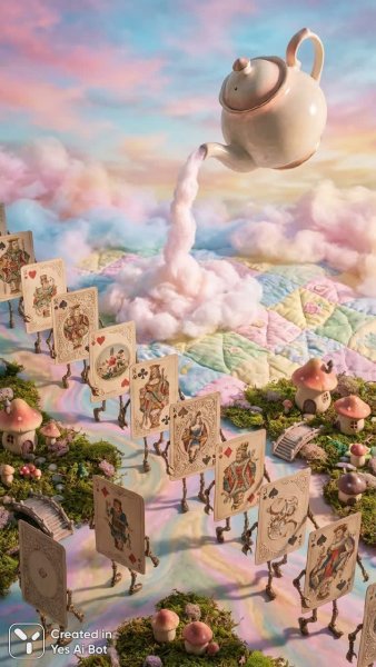 Воображаемый мир карт: сюрреалистичная фотосессия с чайником и пастельным небом. Картинка из нейронной сети NanoBanana