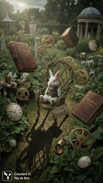 Кролик-вор и сад иллюзий: сюрреалистичная фотография с каноном EOS R5. Генерация из нейронной сети Nano-Banana