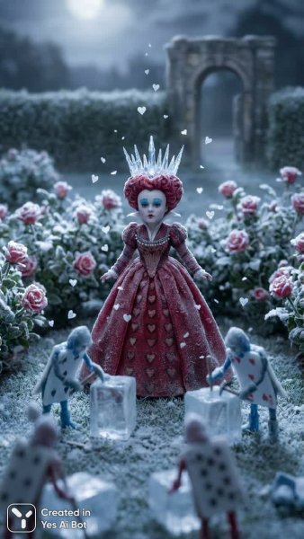 Зимняя королева сердец в волшебном саду под лунным светом. Картинка из нейросети Nano Banana