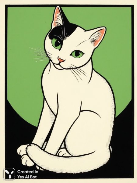 Грациозный кот в стиле ар-деко: элегантная иллюстрация с черными акцентами и изумрудными глазами. Изображение из нейронной сети Flux Ai