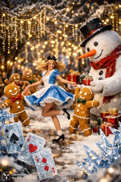 Сюрреалистичная сказка: танцы с имбирными человечками и волшебные угощения. Картинка из нейронной сети Sora