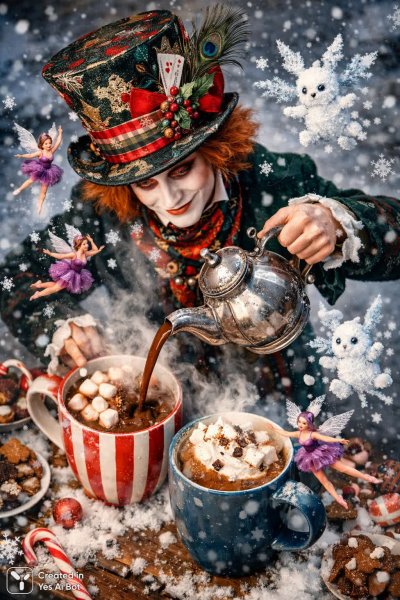 Безумный Шляпник и зимнее волшебство: фото в стиле сюрреализма. Нейронная сеть Sora Ai Images