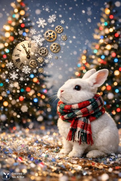 Заснеженная сказка: кролик во времени и праздничном лесу. Картинка из нейронной сети Sora Ai Images