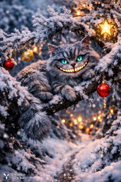 Заснеженная сказка: кошачий дух в зимнем лесу и волшебные украшения. Генерация из нейросети Sora images Ai