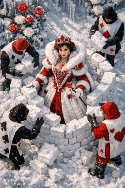 Зимняя королева: фотокартина в стиле сказочной военной эпопеи с картами и розами. Нейросеть Sora
