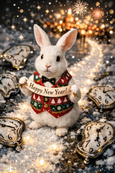 Белый кролик и тающие часы: сюрреалистичное новогоднее приключение в деталях. Генерация из нейросети Sora Images