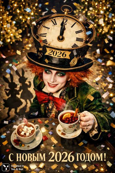 Безумный Шляпник встречает Новый год: сюрреалистичная фотореалистичная сцена праздника. Генерация из нейронной сети Sora Images