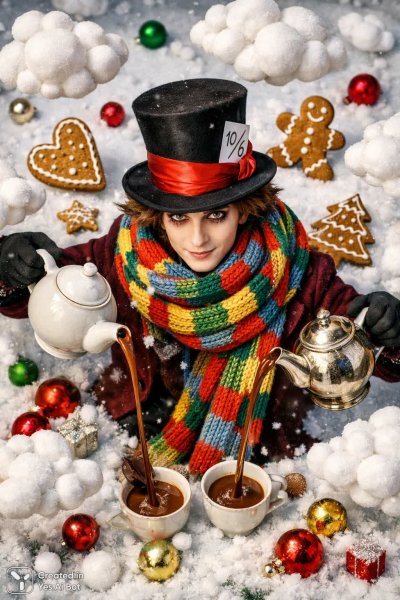 Зимнее безумие: сказочный мир чая и сладостей в стиле сюрреализма. Изображение из нейросети Sora