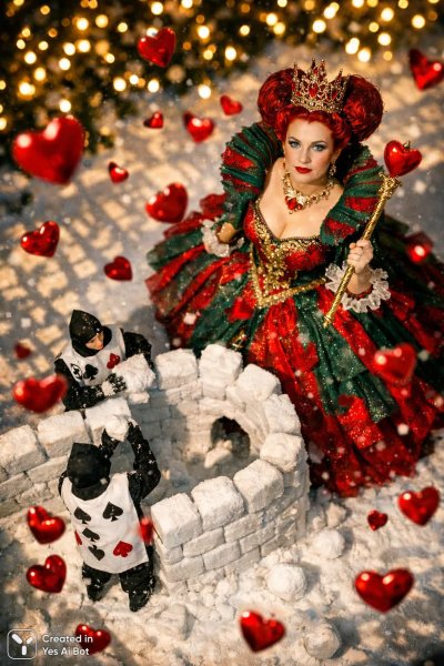 Королева Червей в волшебном новогоднем королевстве: фотореалистичная сказка с эффектом тилт-шифт. Картинка из нейронной сети Sora Image