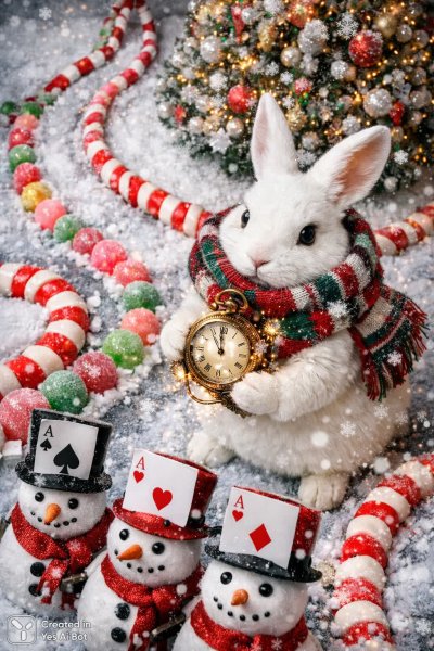 Зачарованный кролик и зимние тропы: сказочная фотореалистичная сцена. Нейросеть Sora Ai Images