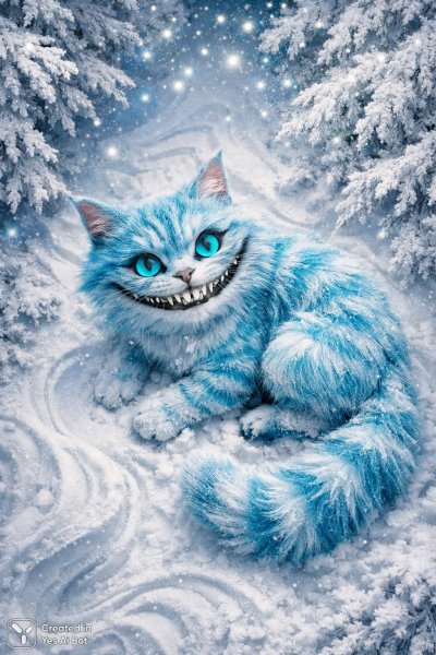 Загадочный Чеширский кот в зимней сказке: сюрреалистичная фотография с эффектом сверхчёткости. Нейросеть Sora images Ai