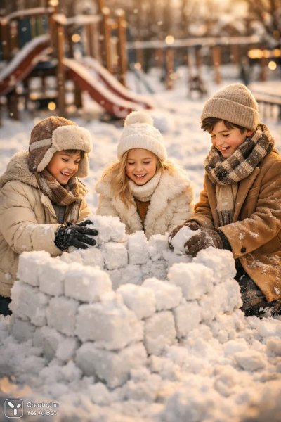 Зимняя сказка: детская радость в снежном форте под теплым солнцем. Картинка из нейронной сети Sora Images