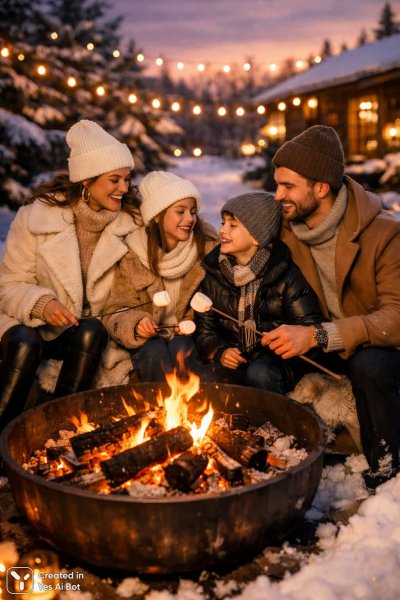 Семейный вечер у камина в зимнем саду: тепло, уют и счастливые моменты. Нейросеть Sora