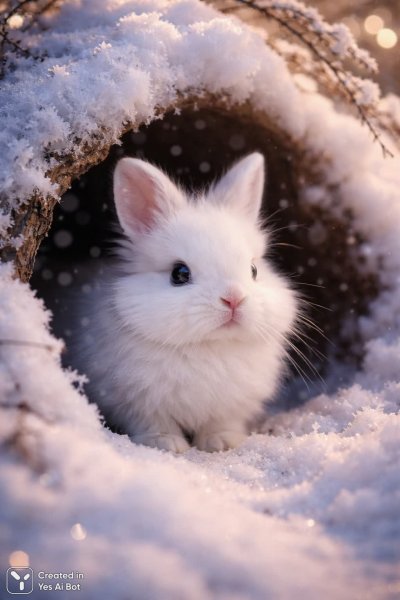 Заснеженный заяц: зимняя сказка с Sony A7r IV в мягком свете боке. Нейронная сеть Sora images Ai