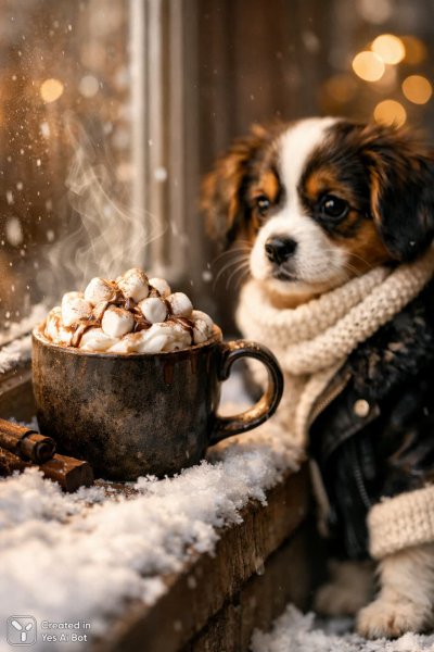 Зимнее наслаждение: горячий шоколад и очаровательный щенок у окна. Генерация из нейронной сети Sora Images