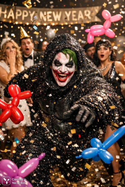 Безумный Джокер на новогоднем карнавале в костюме горилы с конфетти и воздушными шарами. Генерация из нейронной сети Sora Image