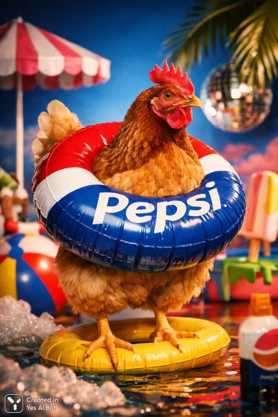 Курица с Пепси: сюрреалистичный фотоарт в стиле гиперреализма с логотипом. Нейронная сеть Sora Image