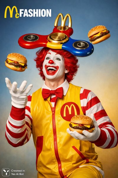 Клоун МакДональдс: сюрреалистичный цирк бургеров и фиджеров в ярких тонах. Изображение из нейронной сети Sora images Ai