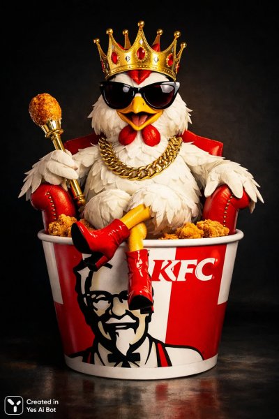 Курица-король на троне из ведра Kfc: сюрреалистичный шедевр в стиле студийной съемки. Генерация из нейросети Sora Ai Images