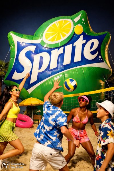 Пляжная вечеринка с гигантским логотипом: веселое безумие и яркие краски. Нейронная сеть Sora