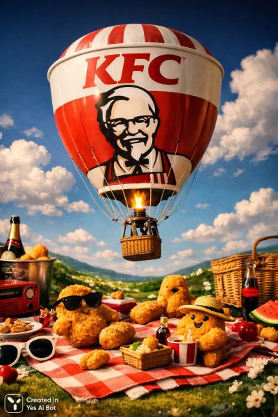 Куриный полет: сюрреалистичная реклама KFC в стиле студийной фотографии. Генерация из нейросети Sora Images