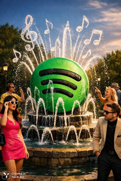 Музыкальный фонтан Spotify: Веселое лого в парке с сюрпризом и яркими красками. Изображение из нейронной сети Sora Images