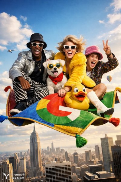 Волшебный ковер Google: сюрреалистичная фотоиллюстрация над городом. Картинка из нейронной сети Sora Ai Images