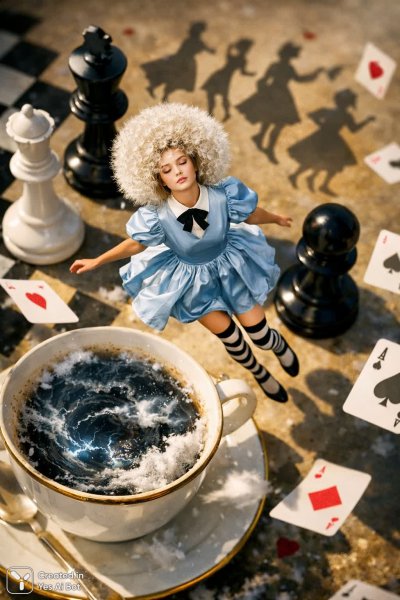 Сюрреалистичная мечта: Алиса в стране шахмат и одуванчиков. Изображение из нейросети Sora images Ai