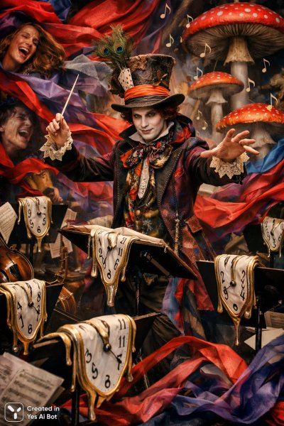 Безумный дирижёр: сюрреалистичный фотоснимок с мелькающими часами и музыкальными грибами. Изображение из нейронной сети Sora Images