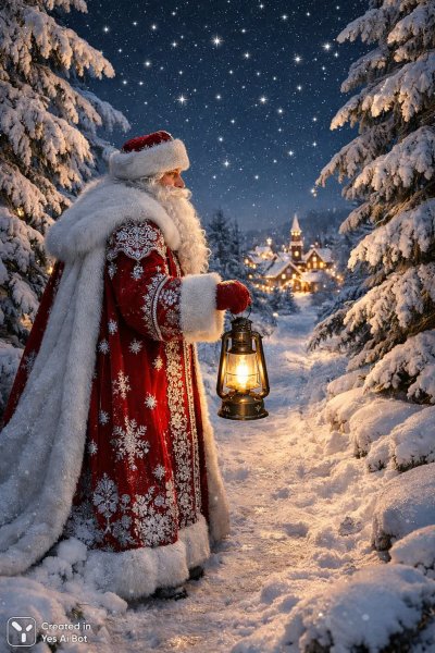 Зимний вечер с Дедом Морозом и волшебной деревней под звездным небом. Нейронная сеть Sora Ai Images