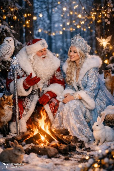 Волшебная сказка зимнего леса: Снегурочка и Дед Мороз у огня. Изображение из нейронной сети Sora