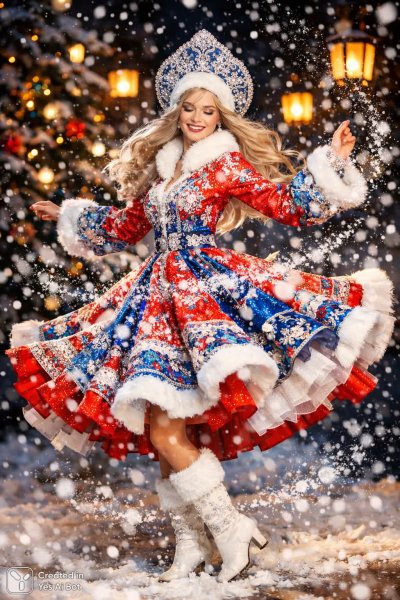 Традиционная встреча Нового года: радость и волшебство снежной девы в танце. Нейросеть Sora images Ai