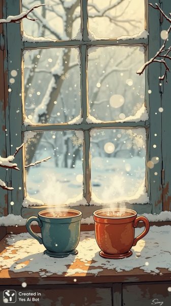 Зимнее утро и горячий шоколад: уютная фотореалистичная сцена у окна. Генерация из нейронной сети Flux.1