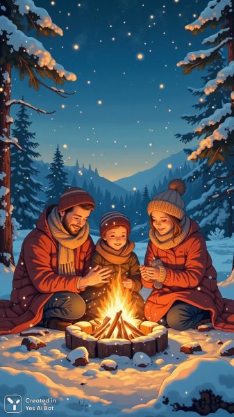 Семейный вечер у камина в зимней сказке: уют и тепло под звездным небом. Изображение из нейросети Flux
