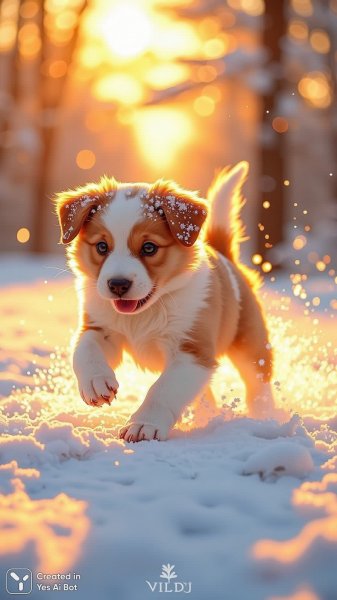 Игривый щенок в зимнем пейзаже: теплая атмосфера и мягкий свет заката. Изображение из нейросети Flux.1