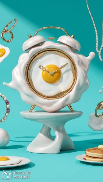 Яркий будильник в стиле сюрреализма с яичницей и мягкими краями. Изображение из нейросети NanoBanana