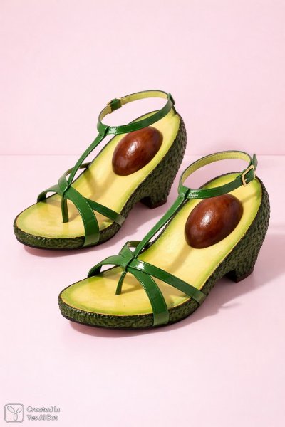 Авокадо превратился в стильные сандалии на розовом фоне. Картинка из нейросети Sora Image