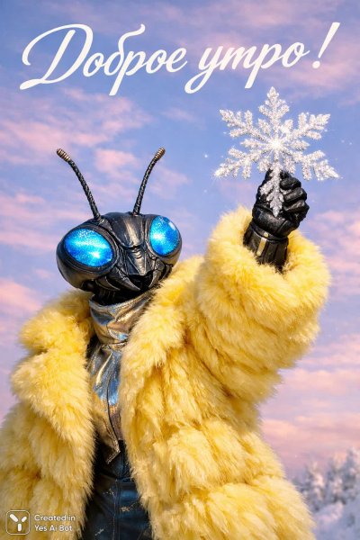 Утро в зимней сказке: насекомое с синими глазами и снежинкой. Картинка из нейросети Sora images Ai