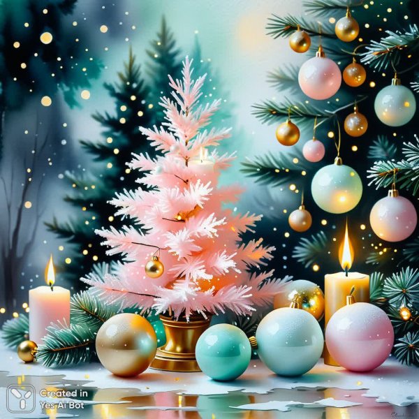 Нежная рождественская сказка в пастельных тонах и акварельном стиле. Изображение из нейронной сети Stable Diffusion