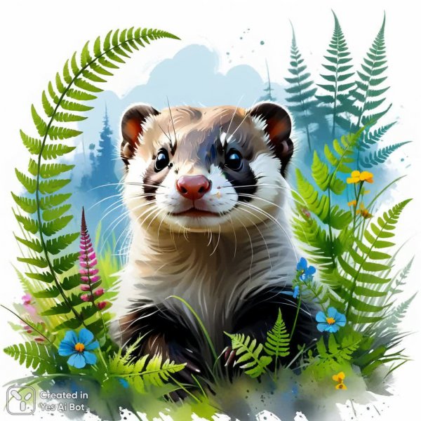 Причудливый пейзаж в стиле КУРБАТОВА: ландшафт с хорьком и цветами. Генерация из нейросети Stable Diffusion