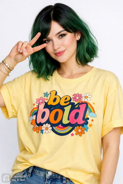 Яркий портрет: дерзкая красота в солнечном образе с оригинальным принтом на футболке. Картинка из нейронной сети Sora images Ai