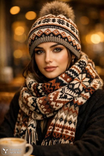 Зимняя мода: уютный кадр в теплых тонах с акцентом на детали вязаного свитера. Нейросеть Sora
