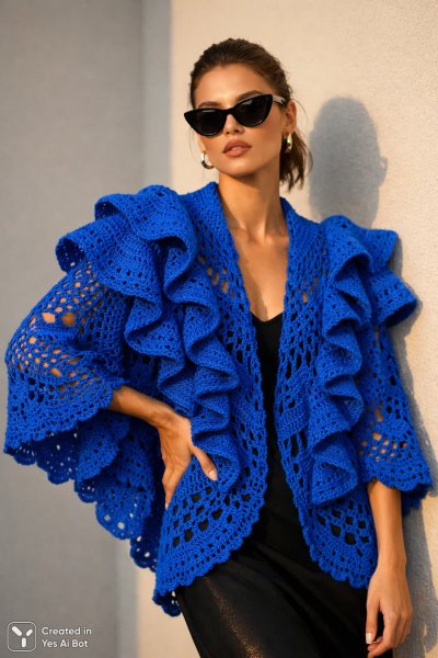 Яркий образ: синий крючком плащ с объемными оборками и стильные аксессуары. Изображение из нейронной сети Sora