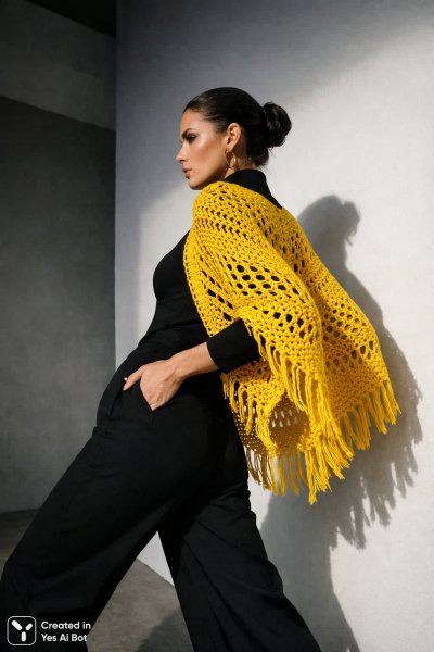 Яркая элегантность: желтое пальто и черный комбинезон в стиле хай-фэшн. Нейросеть Sora Images