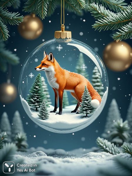 Зимняя сказка в новогоднем шаре: лиса среди заснеженных елей и звездного неба. Картинка из нейросети Flux Ai