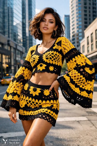 Солнечный город и яркий образ в необычном вязаном наряде. Изображение из нейронной сети Sora Image