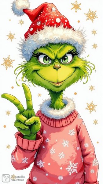 Веселый Гринч в блестящей шапке Санты и розовом свитере среди снежинок. Изображение из нейросети Flux.1